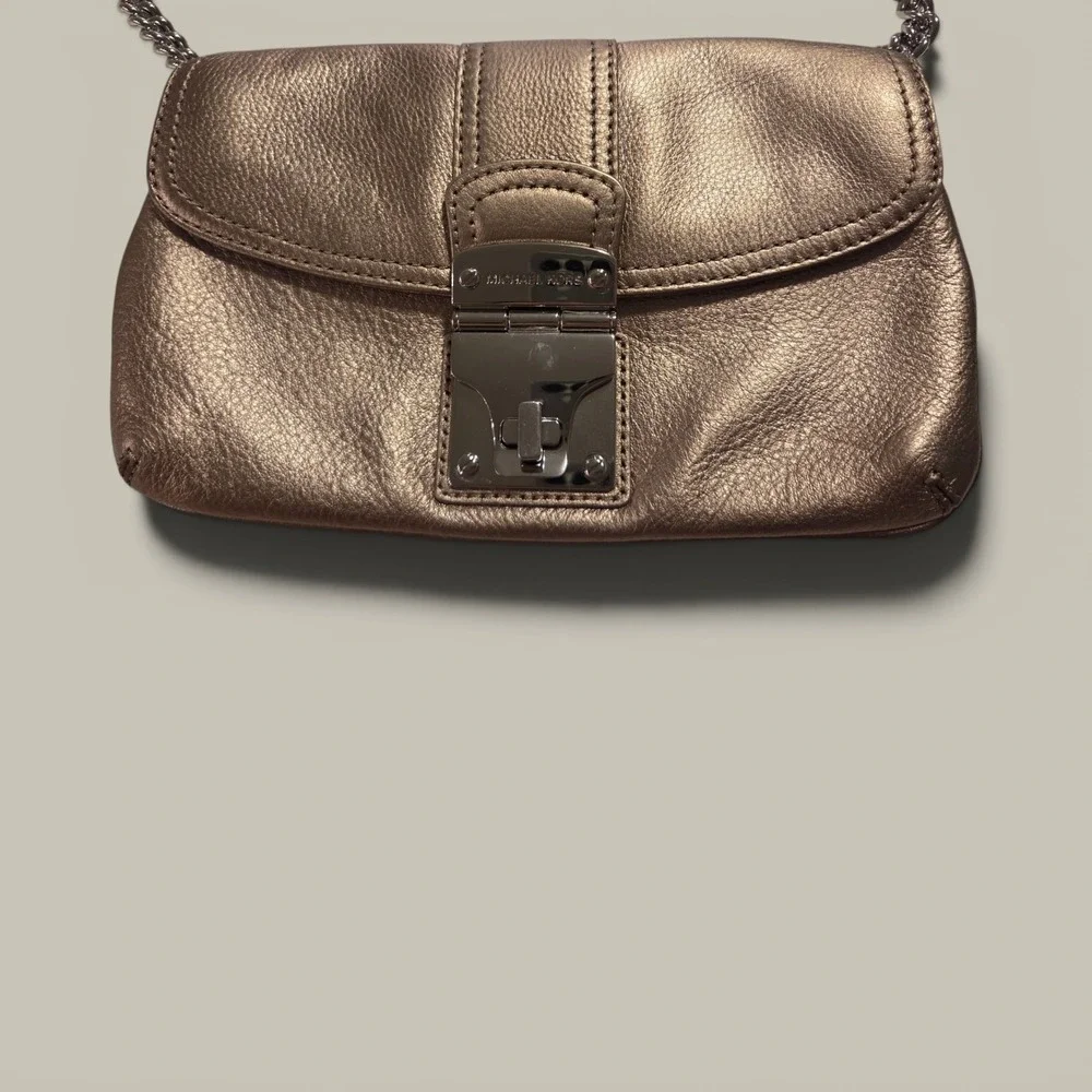 Michael Kors Rose Gold Metallic Leather Shoulder Bag Chain Strap Push Lock Small